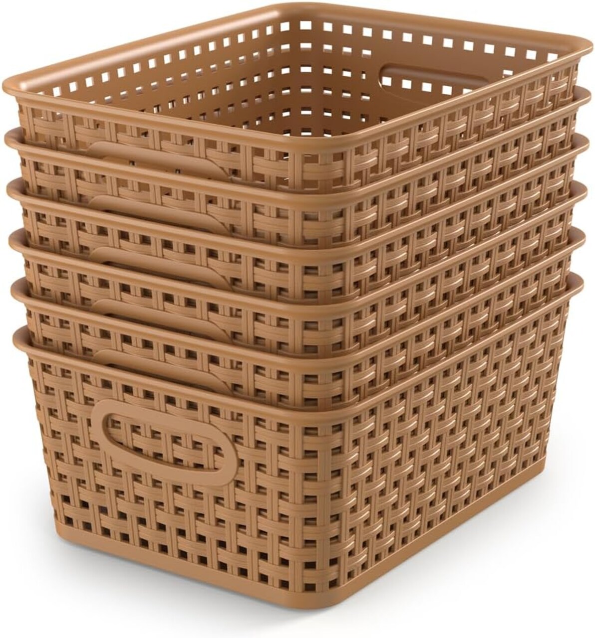 6-Pack Plastic Small Shelf Storage Weave Baskets Organizing for Cabinets and Pantries, Light Brown